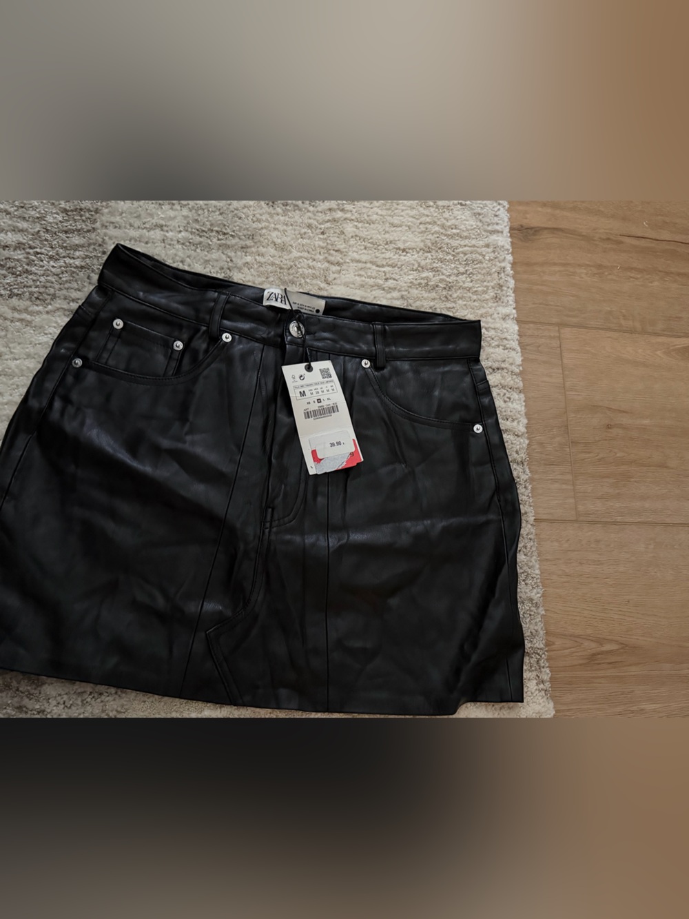 ZARA Black Faux Leather Mini Skirt with Front Pocket Details